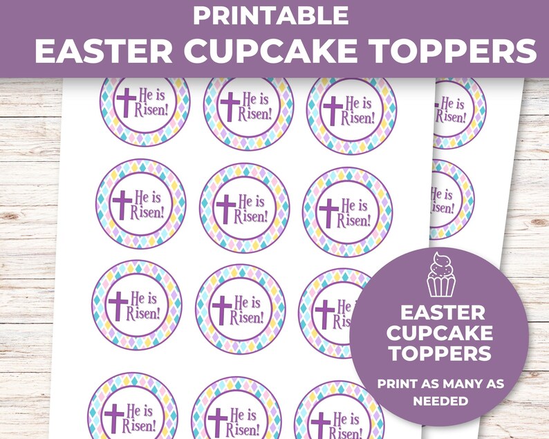 Printable Easter Cupcake Toppers He Is Risen, Easter Religious, Easter Cookie Tags image 3