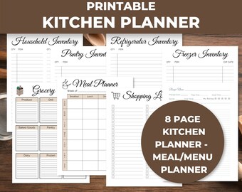 Puede incluir: Planificador de cocina imprimible de 8 páginas con secciones para inventario del hogar, inventario del refrigerador, inventario de la despensa, inventario del congelador, lista de compras, planificador de comidas y lista de compras.
