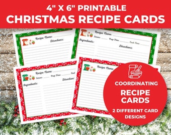 Printable Recipe Cards - Red & Green Snowflakes