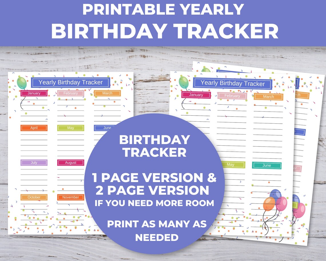 Yearly Birthday Calendar, Printable Birthday Tracker, Birthday List ...