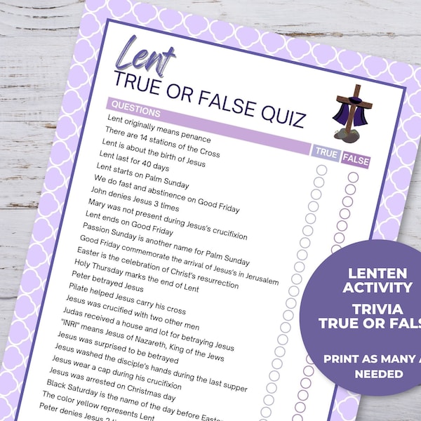 Lent Trivia Printable, Lenten True or False Trivia Game, Lent Printable Games for Adults, Classroom Games for Kids