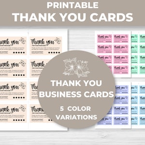 Op de afbeelding: Printbare bedankkaartjes voor kleine bedrijven. De kaartjes hebben een bloemmotief en de tekst "Bedankt voor uw aankoop". De kaartjes zijn verkrijgbaar in vijf kleuren: roze, groen, blauw, paars en lichtblauw.