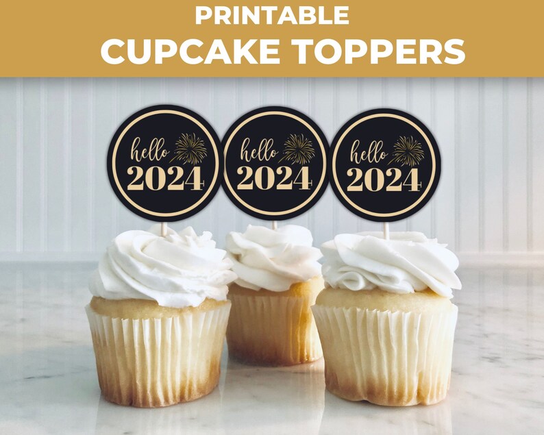 Hello 2024 Printable Cupcake Toppers, New Year Cupcake Topper