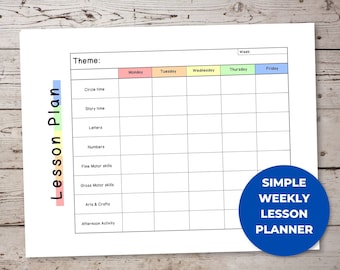 May include: A printable weekly lesson planner template with a colorful rainbow stripe on the left side. The planner is divided into sections for each day of the week, with spaces for activities like circle time, story time, letters, numbers, fine motor skills, gross motor skills, arts and crafts, and afternoon activity.