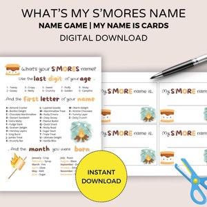 What&#39;s Your S&#39;mores Name with name tags, Smores Party Games, National S&#39;mores Day, Camping Party Game, Activities for Kids