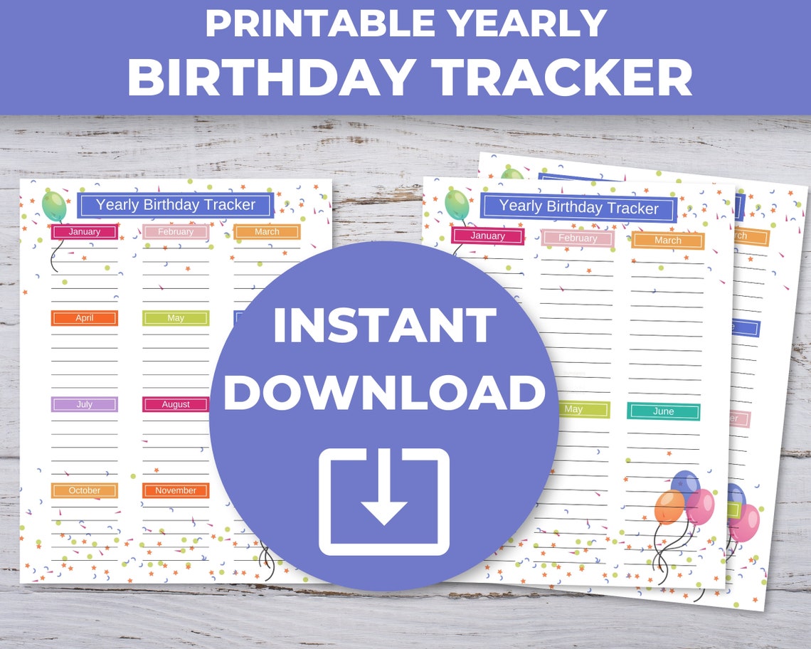 Yearly Birthday Calendar, Printable Birthday Tracker, Birthday List ...
