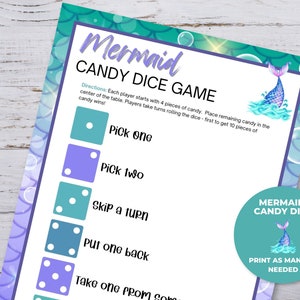 Mermaid Party Games, Candy Dice Game, Mermaid Party Printable, Under The Sea Party Games, Girl Birthday Party Games