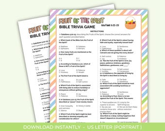 Gioco di quiz stampabile sulla Bibbia Fruit of the Spirit per bambini, attività sulla storia della Bibbia, foglio di attività per la chiesa, gioco di quiz stampabile sulla Bibbia