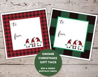 Gnome Gift Tag, Gnome Christmas Cards, Printable Square Tags, Buffalo Plaid Gnome, Printable Gift Tags and Labels, Printable Favor Tags