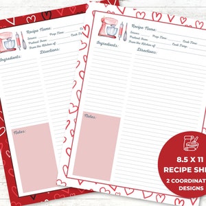 Printable Recipe Page, Recipe Page Template, Recipe Binder Printable 8.5 x 11, Recipe Pages, Valentine Recipe Pages