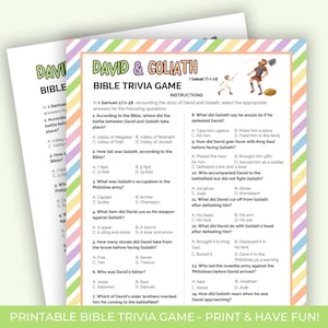 David and Goliath Bible Trivia for kids, Printable Trivia Game, Bible Story Activities, Church Activity Sheet, Bible Trivia Game Printable