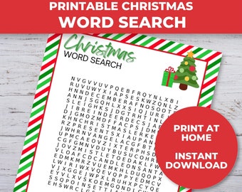 Puede incluir: Un rompecabezas de búsqueda de palabras de Navidad imprimible con un borde a rayas rojo y verde. El rompecabezas presenta un árbol de Navidad y una caja de regalo. Las palabras que se deben encontrar están enumeradas en el rompecabezas. El texto "Imprime en casa" y "Descarga instantánea" también está incluido.