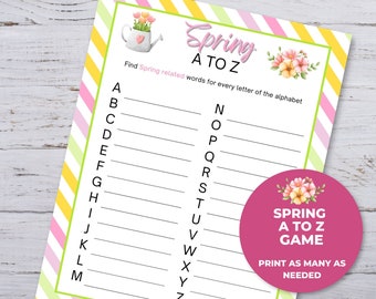 Spring A to Z Game, Printable Springtime Games for Kids, Classroom Activity, Springtime Party Game, Homeschool Activities