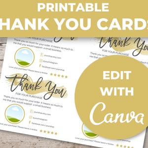 Op de afbeelding: Printbare bedankkaarten met een goud en wit ontwerp. De kaarten bevatten de tekst "Thank You" in een scriptlettertype, met ruimte voor de social media-accounts van een winkel. Het ontwerp bevat de tekst "Edit with Canva".