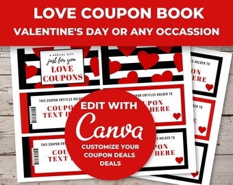 Editable Love Coupons, Printable Love Coupons, Love Vouchers, Valentines Coupons, Coupon Book, Valentines Day Gift for Him Printable
