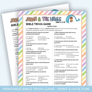 Jonás y la ballena Trivia bíblica para niños, Juego de trivia imprimible, Actividades de la historia bíblica, Hoja de actividades de la iglesia, Juego de trivia bíblica imprimible