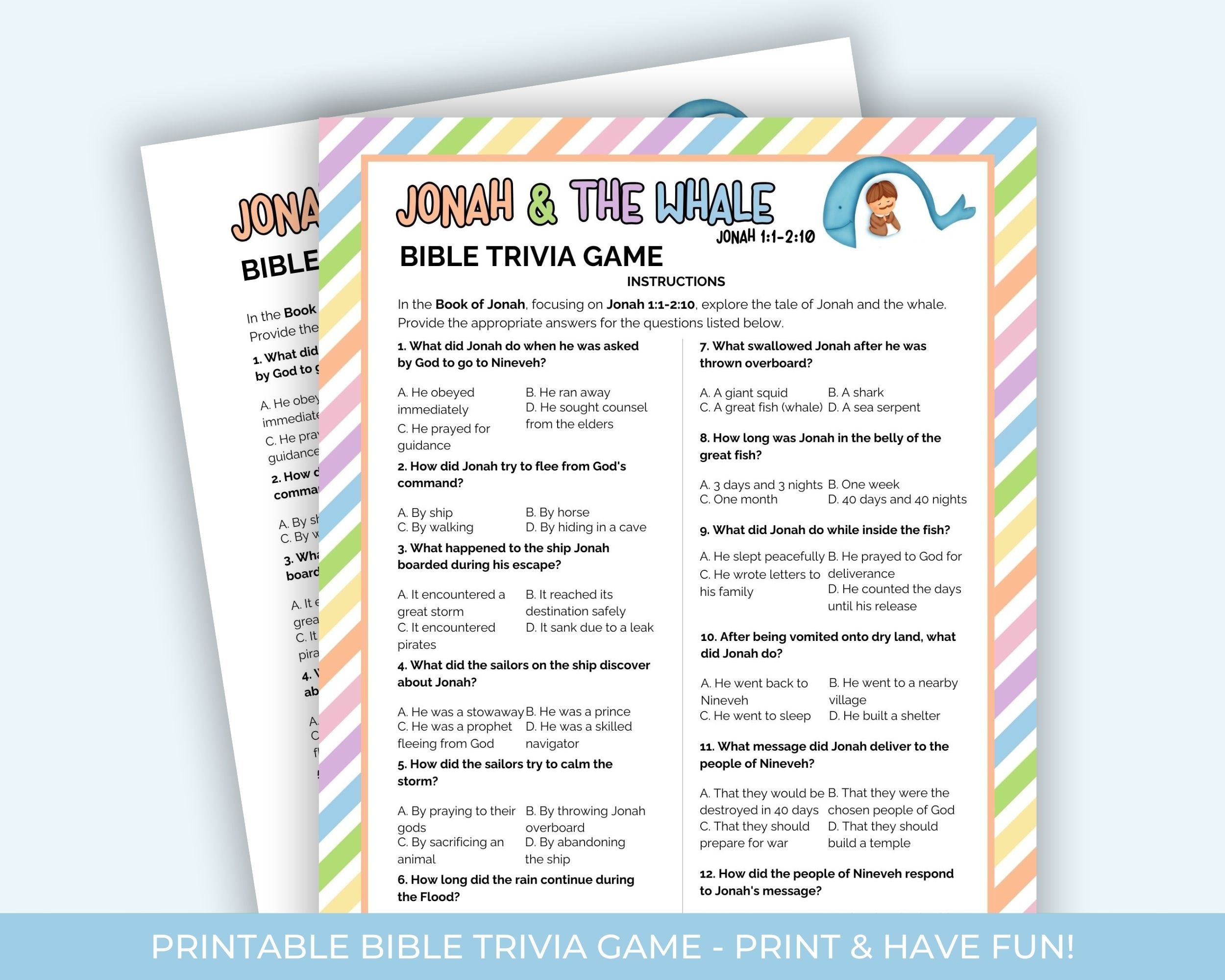 Jonah and the Whale Bible Trivia for Kids, Printable Trivia Game, Bible ...