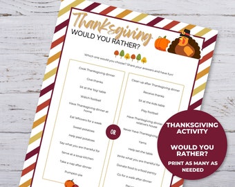 Printable Thanksgiving Would You Rather Game, This or That Thanksgiving Party Game Activities for Kids and Adults, Classroom Activity