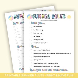 Summer Rules Printable, Earn Screen Time, Chore Chart Printable, Summer Routine for kids, Editable Summer Rules Printable