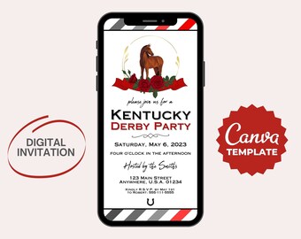 Kentucky Derby Party Invitation, Run for the Roses, Triple Crown Horse Racing Party Invite, Canva Editable Template, Derby Party Invitation