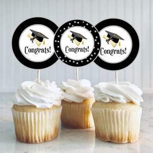 Black and Silver Graduation Printable Cupcake Toppers, Graduation Printable Cookie Tag, Graduation Favor Tags, Graduation Favor Stickers