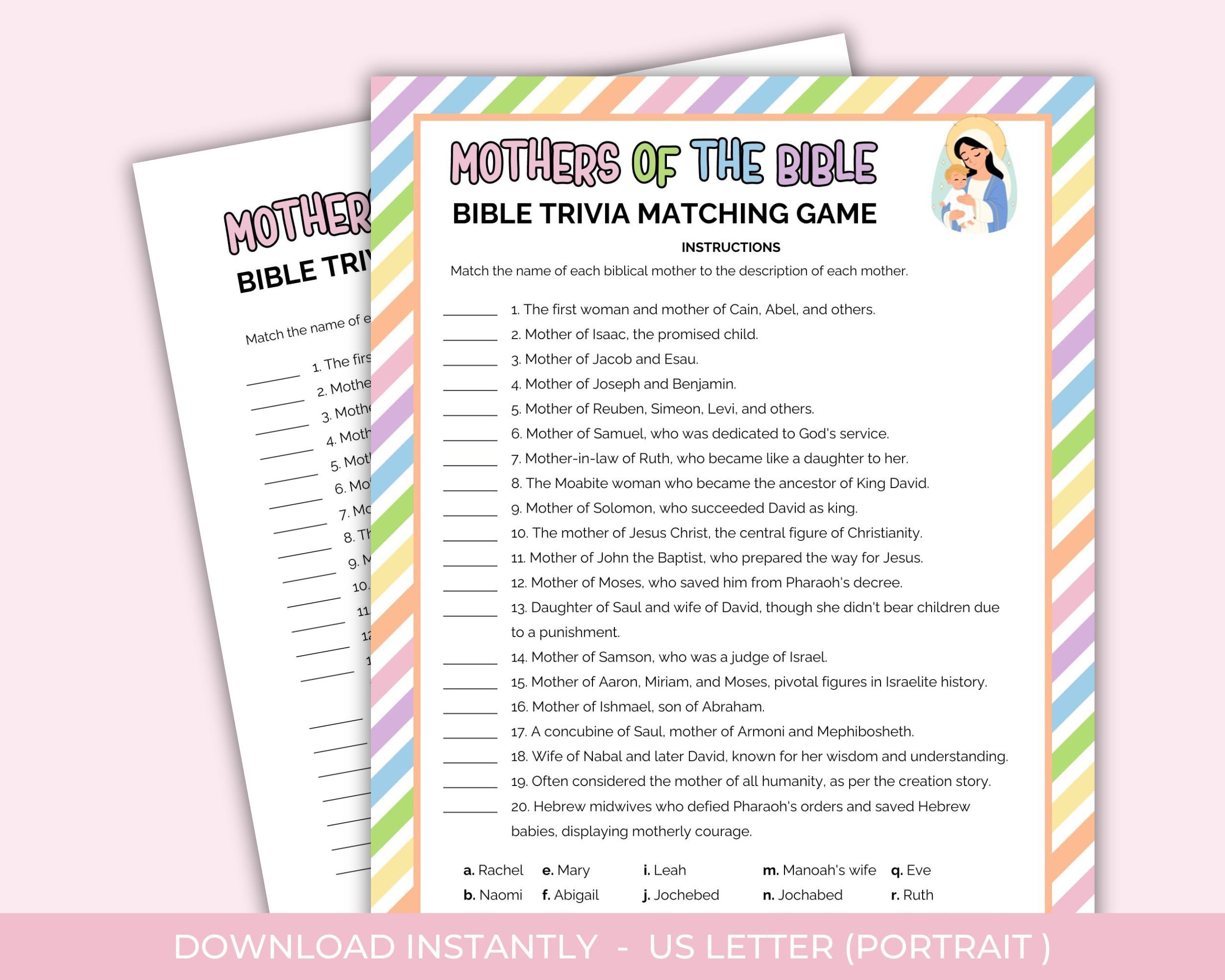 Mothers of the Bible Trivia for Kids, Printable Trivia Game, Bible ...