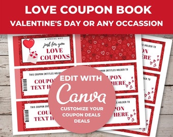 EDITABLE Printable Love Coupons Red Hearts, Gift for Him, Gift for Her, Valentine's Day or Any Romantic Gift