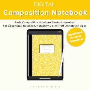 Puede incluir: Un cuaderno de composición digital para usar con aplicaciones de toma de notas como Goodnotes, Noteshelf y Notability. El cuaderno se muestra en una tableta con un lápiz. El cuaderno tiene una cubierta amarilla con un patrón de cuaderno de composición y el texto "COMPOSITION BOOK".