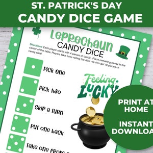 St. Patrick&#39;s Day Candy Dice Game, Printable St. Patrick&#39;s Day Game for Kids, Classroom Activity, St Patty&#39;s Day Party Game, Leprechaun Game