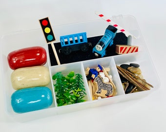 Kit de plastilina de tren, kit de plastilina, transporte, kit sensorial, caja ocupada sensorial de plastilina, regalo para niños, kit de plastilina sensorial, regalo para niños