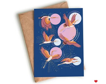 Carte de vœux Grues, Carte d’illustration de grue d’inspiration japonaise, Carte de vœux vierge, Carte de remerciement vierge, Carte d’illustration d’oiseau
