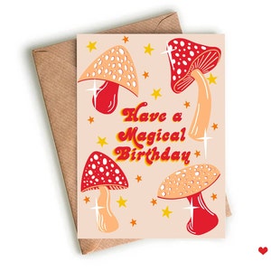Cartão de aniversário retrô de cogumelo, cartão de aniversário de cogumelo hippie, cartão de aniversário em branco, cartão de cogumelo ilustrado
