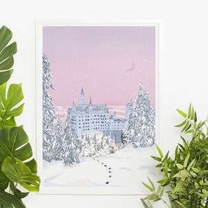 Pink Castle Art Print, Neuschwanstein Castle Art Print, Nursery Art Print, Girly Wall Decor, Children&#39;s Room Wall Art, Pink Wall Decor
