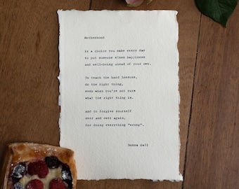 Motherhood, Donna Ball Poem - Hand Typed Poetry on deckle edge cotton paper, new mother gift, new baby present