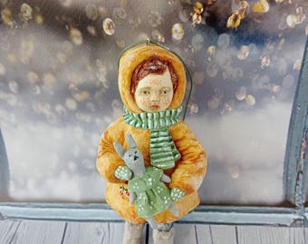 Handmade Cotton  Christmas Ornament, Girl with Bunny