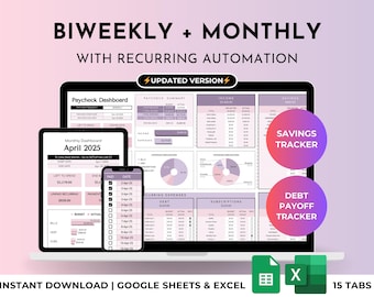 Hoja de cálculo de presupuesto para nómina quincenal Calendario de facturas Planificador de presupuesto semanal y mensual Rastreador de gastos, ahorros y deudas Plantilla de Google Sheets y Excel