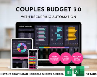 Budget Spreadsheet for Couples & Family with recurring automation, Shared Finance/Budgeting, Couples Savings, Excel Google Sheets Dark Mode