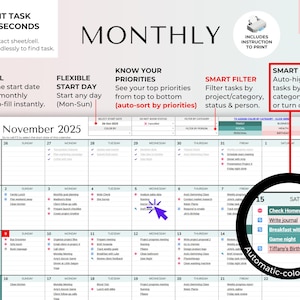 Pu&ograve; includere: Un pianificatore mensile digitale con sfondo bianco, con un calendario per novembre 2025. Il pianificatore include sezioni per attivit&agrave;, priorit&agrave; e filtri intelligenti. Il testo include "EDIT TASK IN SECONDS" e "SMART HIGHLIGHT".