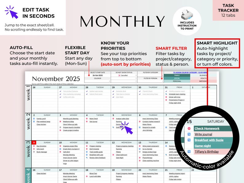 Pu&ograve; includere: Un pianificatore mensile digitale con sfondo bianco, con un calendario per novembre 2025. Il pianificatore include sezioni per attivit&agrave;, priorit&agrave; e filtri intelligenti. Il testo include "EDIT TASK IN SECONDS" e "SMART HIGHLIGHT".