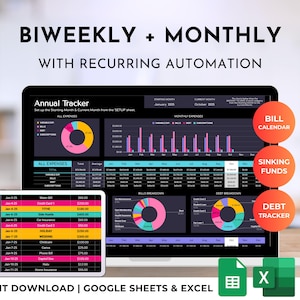 May include: A digital financial planner displayed on a laptop and tablet, with the text "BIWEEKLY + MONTHLY WITH RECURRING AUTOMATION." The screen shows charts and expense tracking. The image also includes the text "INSTANT DOWNLOAD | GOOGLE SHEETS & EXCEL."
