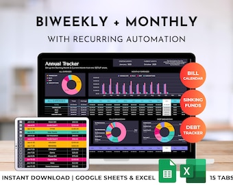 Biweekly | Monthly | Weekly Paycheck Financial Planner Debt Tracker (Google Sheets & Excel) Budget Spreadsheet Dark