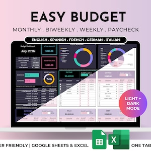 Könnte beinhalten: Ein digitaler Budgetplaner auf einem Laptop-Bildschirm mit geteiltem Design für Hell- und Dunkelmodus. Die Benutzeroberfläche enthält Diagramme, Tabellen und Finanzübersichten für die monatliche, zweiwöchentliche und wöchentliche Nachverfolgung.