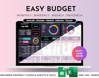 Planificador de presupuesto fácil para principiantes (plantilla de Excel/Google Sheets) Hoja de cálculo de finanzas digitales sencilla Seguimiento de ahorros y gastos mensuales