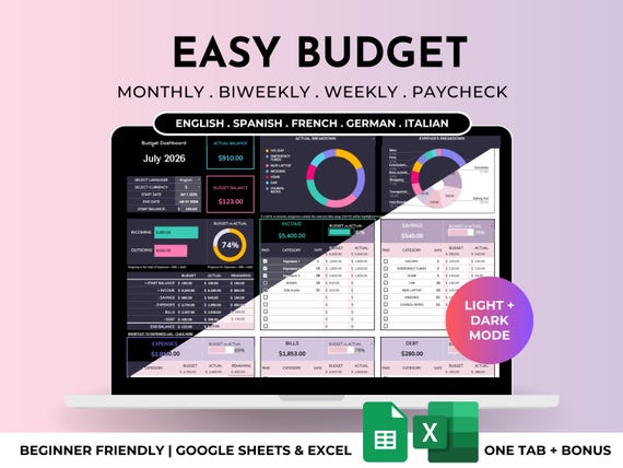 Easy Budget Planner for Beginners Excel/Google Sheets Template Simple Digital Finance Spreadsheet Monthly Paycheck Spending Savings Tracker