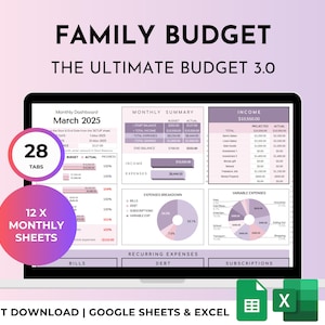 Ultimativer Jahres- und Monatsplaner für Familienbudgets Google Sheets / Excel-Vorlage mit wiederkehrender Automatik | Gemeinsame Haushalte (Lila)