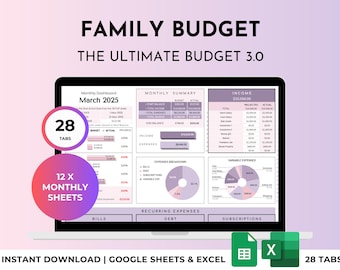 Najlepszy arkusz kalkulacyjny do planowania rocznego i miesięcznego budżetu rodzinnego w Arkuszach Google/Excel z automatyzacją cykliczną | Wspólne finanse (fioletowy)