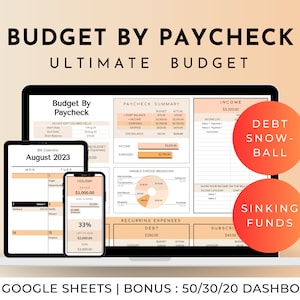 May include: A digital illustration of a Google Sheets spreadsheet template for budgeting. The template is titled "Budget by Paycheck: Ultimate Budget" and includes sections for income, expenses, debt, and savings. The template is designed to help users track their finances and create a budget.