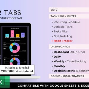 May include: A digital task management spreadsheet template featuring 12 tabs, an instruction tab, and a YouTube video tutorial. The interface displays a decision matrix, task categories, and pie charts. Compatible with Google Sheets and Excel.