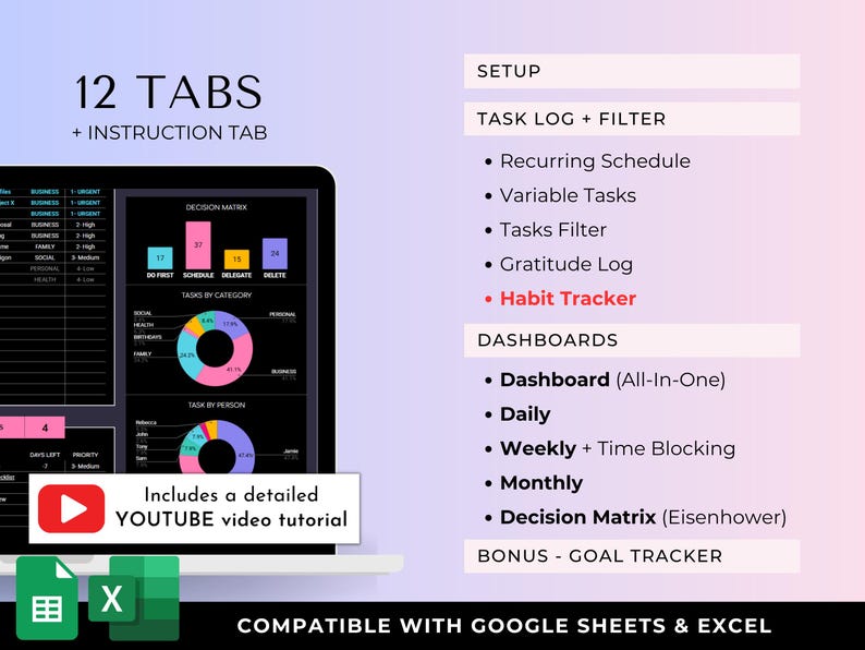 May include: A digital task management spreadsheet template featuring 12 tabs, an instruction tab, and a YouTube video tutorial. The interface displays a decision matrix, task categories, and pie charts. Compatible with Google Sheets and Excel.