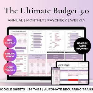 Feuille de calcul budgétaire annuel ultime pour Google Sheets | Planificateur de budget familial base zéro | Budget mensuel | Suivi des factures, des économies et des dettes